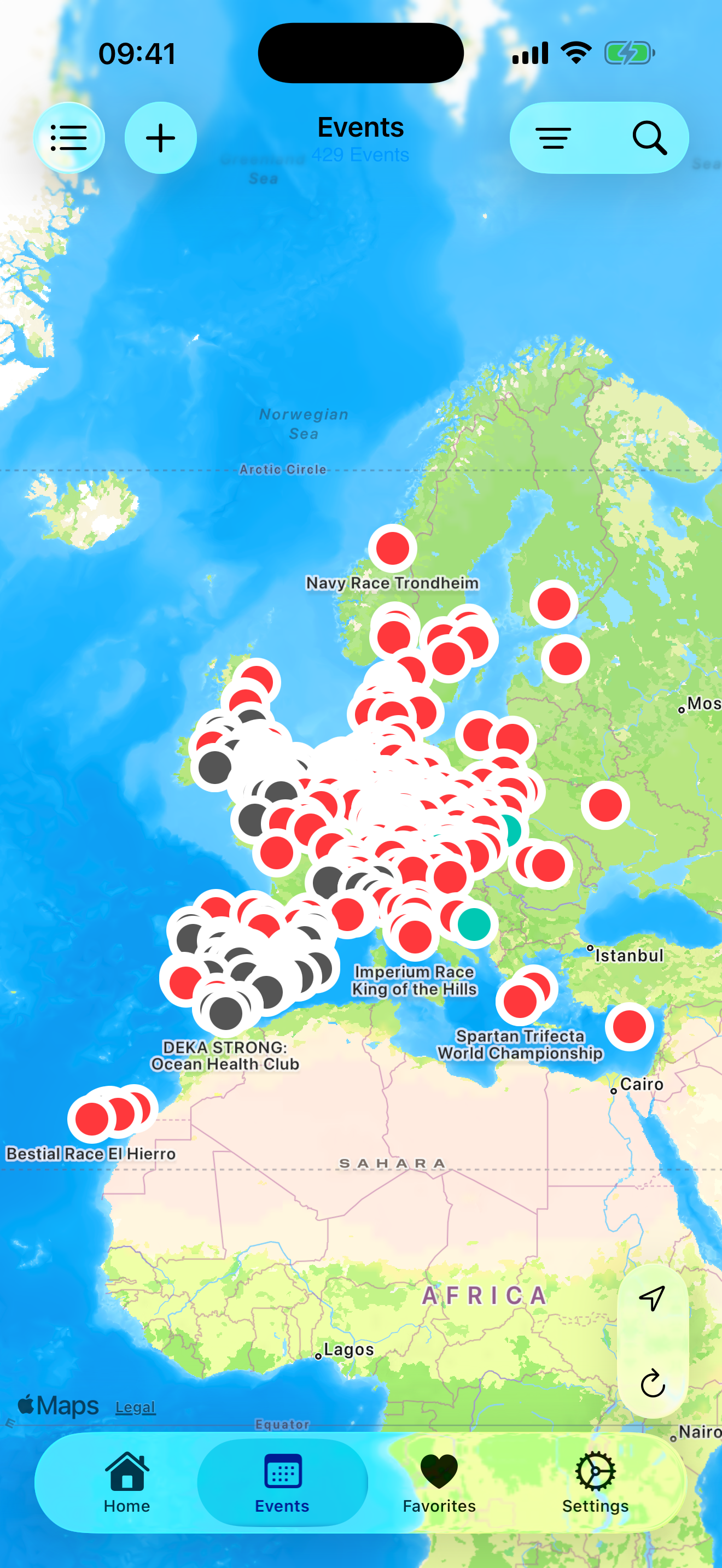 Current OCR Europe iOS app showing upcoming races on a map
